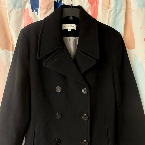 NWOT Calvin Klein Black Double Breasted Lined Wool Cashmere Peacoat Size 14 - Picture 2 of 11